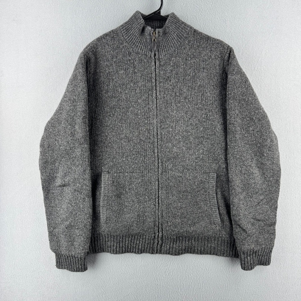 LL Bean Wool Sweater Mens Medium Gray‎ Full Zip Flannel Lined Knit Mock Neck